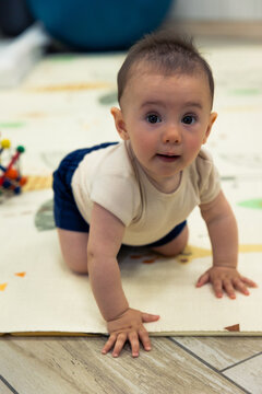 Baby crawling on floor exploring home environment