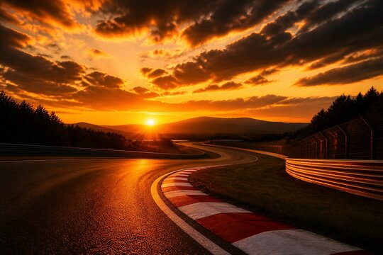 Race track curving into glowing sunset over distant hills