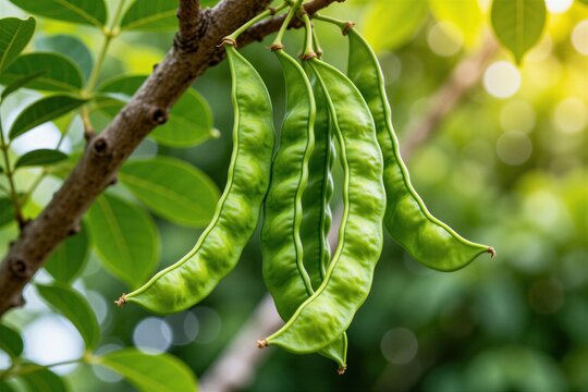 Green Pithecellobium dulce pods hang from a tree branch. They are ripe and ready for harvest. The background shows a lush garden with soft green foliage and sunlight filtering through.