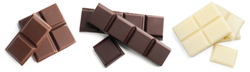 Fototapeta premium Pieces of different types of tasty chocolate isolated on white, set. Top view