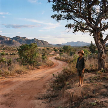 Lonely Barefoot Child Standing in the Shade of a Tree in the Brazilian Landscape