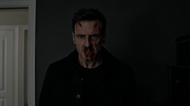 Man with injuries staring into camera. Aggressive guy in dark clothes with bloody face and glitch effect. Dramatic cinematic portrait for thriller film sequence, horror