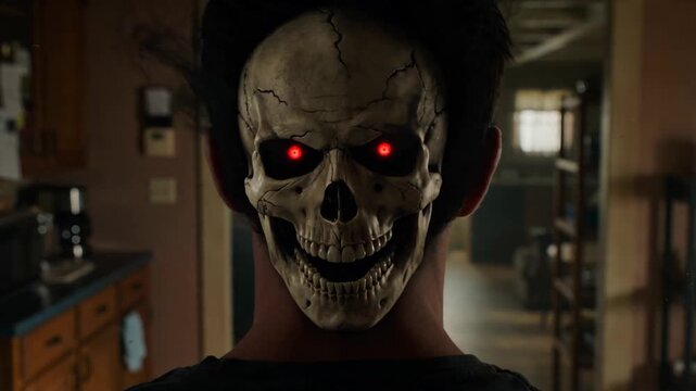 Man standing in kitchen turns his head to reveal a spooky skull mask with red glowing eyes. Creepy horror transformation sequence for mystery and thriller film
