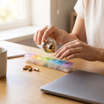 Hands portioning vitamin capsules into a weekly pill organizer on an office desk