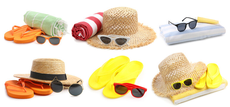 Sunglasses and beach stuff isolated on white, set