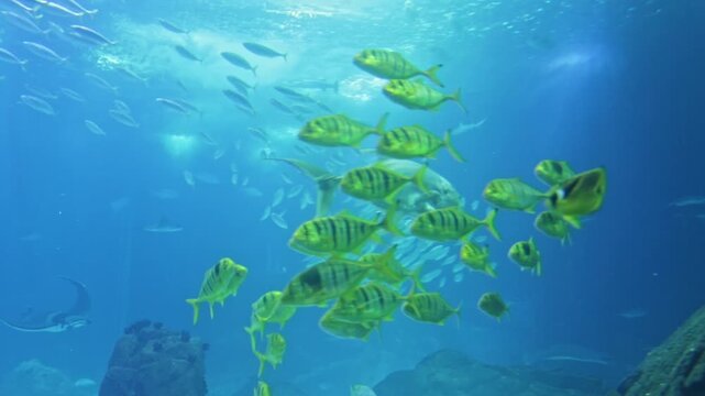 Vibrant underwater scene in a large aquarium showing schools of diverse fish, including giant trevally, golden trevally, and manta rays, gracefully swimming in deep blue water among rocks