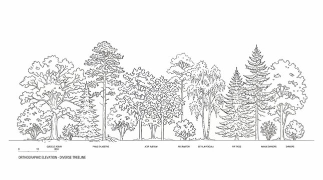 diverse treeline orthographic elevation drawing illustrating various tree species and shrubs for landscape design and botanical study