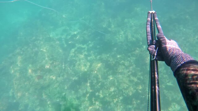 First person perspective of a spearfisher loading a speargun with rubber bands in clear turquoise water, getting ready for spearfishing over a rocky and sandy seabed