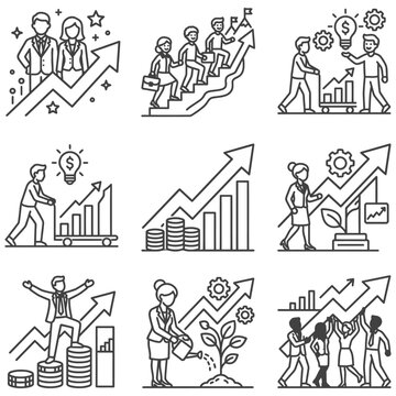business growth and financial success icons illustrating teamwork investment and corporate strategy for economic development.