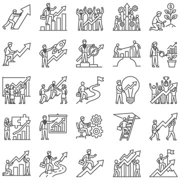 business growth success and teamwork icons illustrating strategy achievement and financial progress for career development.
