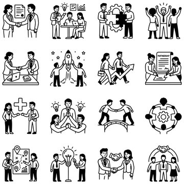 diverse people business partnership icons showcasing teamwork collaboration strategy and success in modern corporate scenarios.