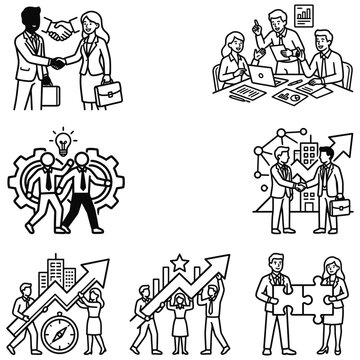 line art illustrations of business partnership team collaboration and growth strategy for corporate development and innovation.