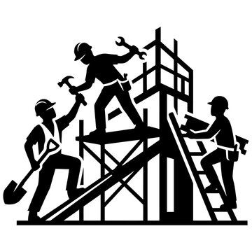 three construction workers actively building scaffolding demonstrating essential teamwork and labor on an industrial development site.