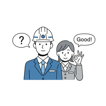 a male engineer asking a question and a female professional giving good feedback representing business communication and teamwork.