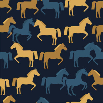 a vibrant seamless pattern of elegant stylized horses in golden and blue hues ideal for textile wallpaper or graphic design backgrounds.