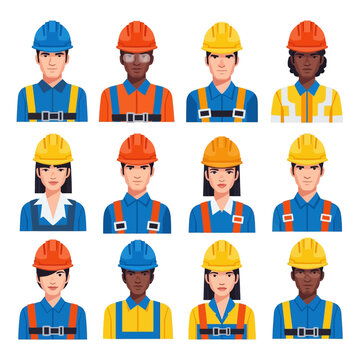 a diverse collection of construction workers and tradespeople avatars wearing safety helmets representing a skilled industrial workforce.