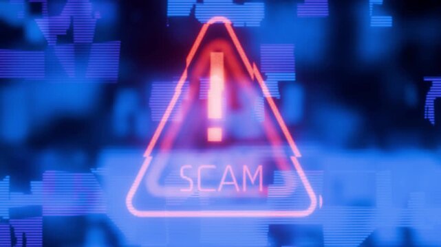 Warning: scam. Red icon with an exclamation point and the word "scam." Telephone scam. Email scam. Phishing. Danger of fraud. Danger of exchange animation.