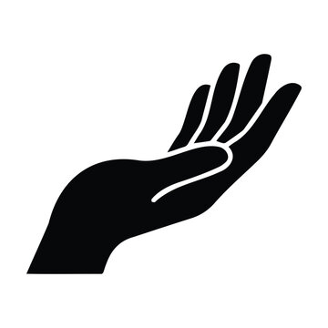 Minimalist black silhouette of open human hand palm reaching upward as sign of giving help.
