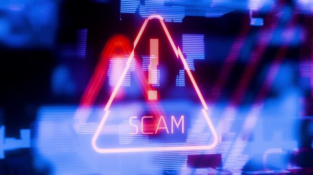 Phishing. Danger of fraud. Warning: scam. Red icon with an exclamation point and the word "scam." Telephone scam. Danger of exchange animation. Email scam.