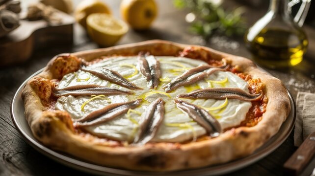The national dish of Italian cuisine. 
Pizza with stracciatella and anchovies (Pizza con stracciatella e acciughe): flatbread with stracciatella cheese, salted anchovies and refreshing lemon zest.
