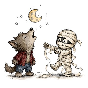 Cute werewolf and mummy characters howling at the moon on Halloween night