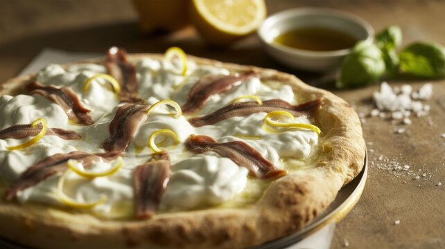 The national dish of Italian cuisine. 
Pizza with stracciatella and anchovies (Pizza con stracciatella e acciughe): flatbread with stracciatella cheese, salted anchovies and refreshing lemon zest.