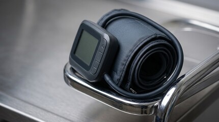 Obraz premium Digital Blood Pressure Cuff Coiled Neatly on a Chrome Equipment Stand