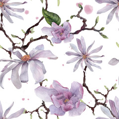 Seamless watercolor pattern with magnolia flowers, delicate branches and pastel botanical details in a soft vintage style. © _Julia_red
