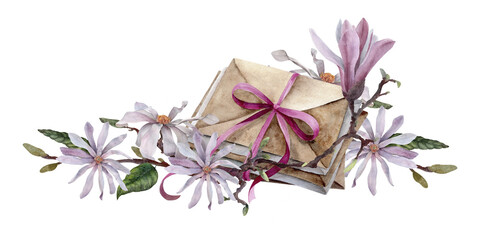 Fototapeta premium Magnolia flower composition with vintage envelopes, pink ribbon, branches and blooms. Elegant watercolor clipart for wedding stationery, invitations, cards and spring decor.