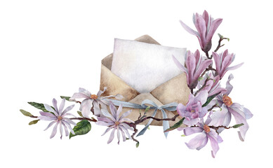 Magnolia flower envelope composition with star magnolia blooms, buds and blue ribbon. Vintage watercolor clipart for invitations, wedding stationery, cards and spring decor. © _Julia_red
