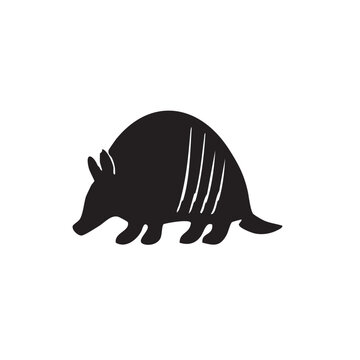 Black silhouette icon of a cute walking armadillo isolated on white background, Vector