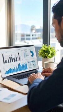 Businessman analyzing financial data charts on laptop screen, corporate strategy, performance tracking, digital reporting