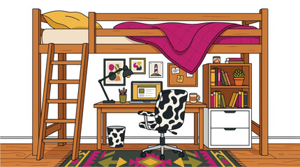 A wooden loft bed with a cozy desk area featuring vibrant colors and modern graphic design © Zubair