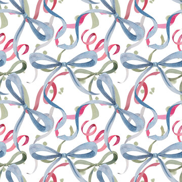 Blue, pink and green watercolor bows and ribbons form a seamless pattern for textile, wrapping, wallpaper and decor.