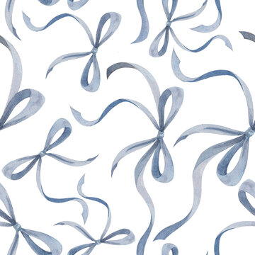 Blue watercolor bows form a seamless pattern for textile, wrapping, wallpaper, and decor.