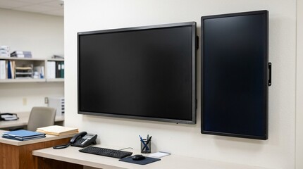 Fototapeta premium Digital Whiteboard Mounted with a Blank Status Screen beside a Nurses Station