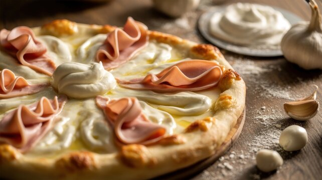 The national dish of Italian cuisine. 
Pizza Fiocco is a crispy flatbread stuffed with tender mashed potatoes, mozzarella, ham cotto and drops of cream cheese. 