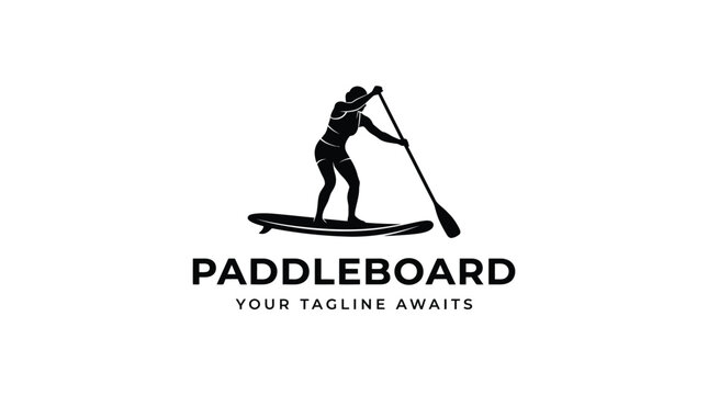 Minimalist vector illustration of a person standing on a paddleboard for professional branding logo design