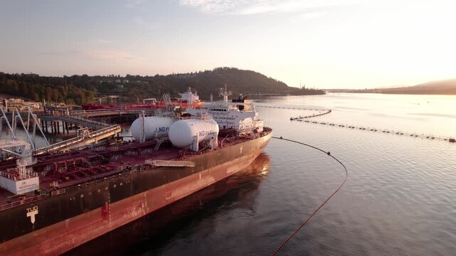 Aerial drone view of LNG tanker docked at industrial marine terminal during sunset - PRORES