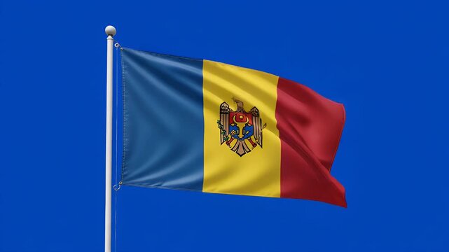 Moldova flag waving proudly against a plain blue screen background, showcasing national symbol in vibrant motion, perfect for patriotic content