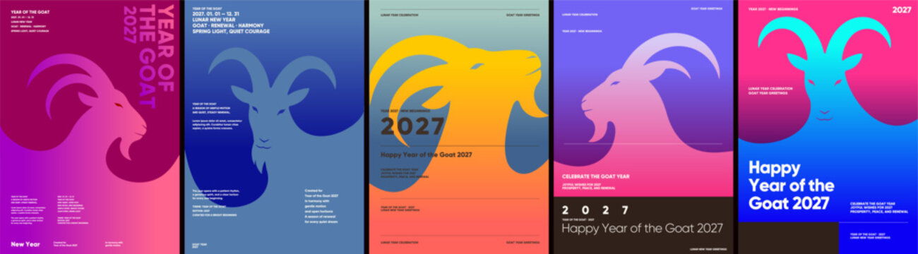 Design collection of modern Year of the Goat 2027 greeting posters, featuring stylized goat heads, curved horns, gradient fields, and Lunar New Year celebration text.