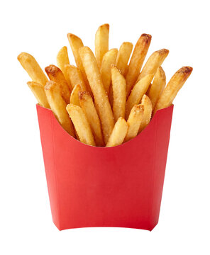 French fries in red container isolated on transparent background