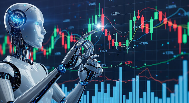 Futuristic Humanoid Robot Analyzing Stock Market Data and Financial Trading Charts