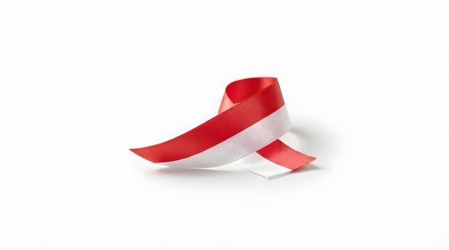 Red and white satin ribbon loop representing the Indonesian flag on a white background