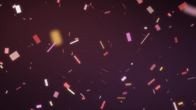 Colorful Confetti Pieces Tumbling and Falling on a Dark Festive Background Seamless Loop in bright coral tones