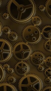 Interlocking Metal Gears Rotating Clockwork Mechanism Background Seamless Loop in rich brass tones vertical 9:16
