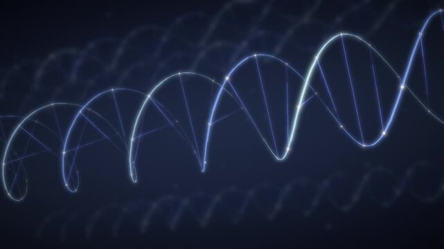 Rotating DNA Double Helix with Glowing Strands and Base Pairs seamless loop in deep blue tones