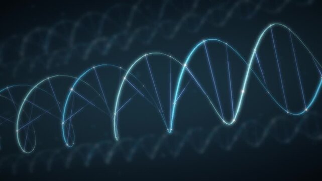 Rotating DNA Double Helix with Glowing Strands and Base Pairs seamless loop in calm cyan tones