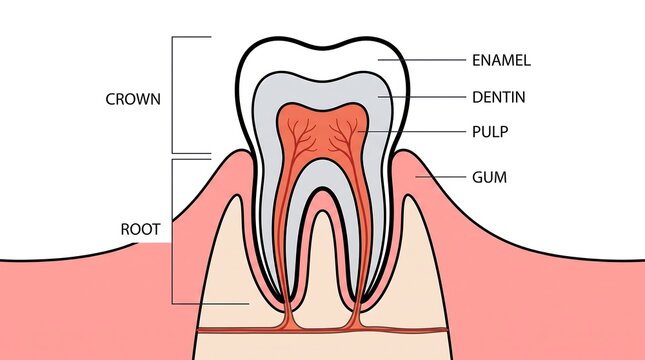 Anatomical cross section diagram of human tooth structure with dentistry, structure