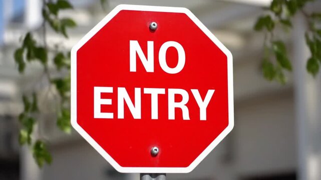 A bold red octagonal stop sign with white lettering reading 'NO ENTRY' stands prominently against a backdrop of blurred greenery and natural light.